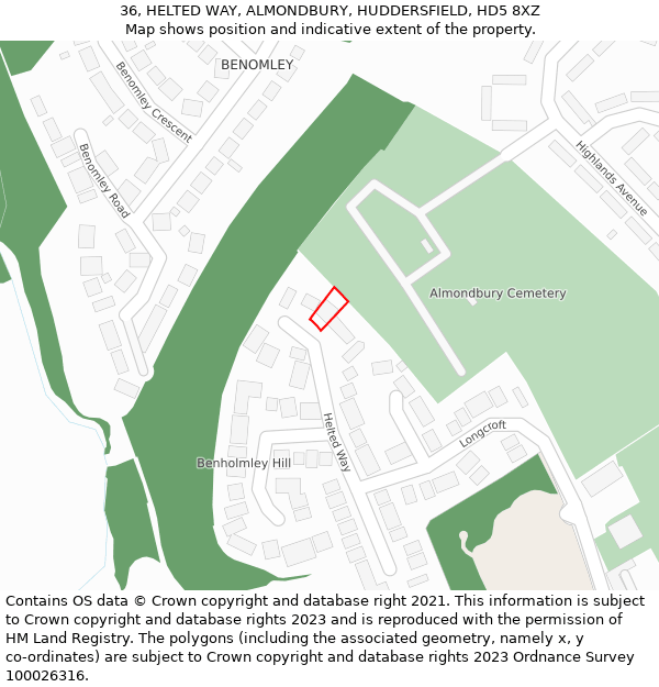 36, HELTED WAY, ALMONDBURY, HUDDERSFIELD, HD5 8XZ: Location map and indicative extent of plot