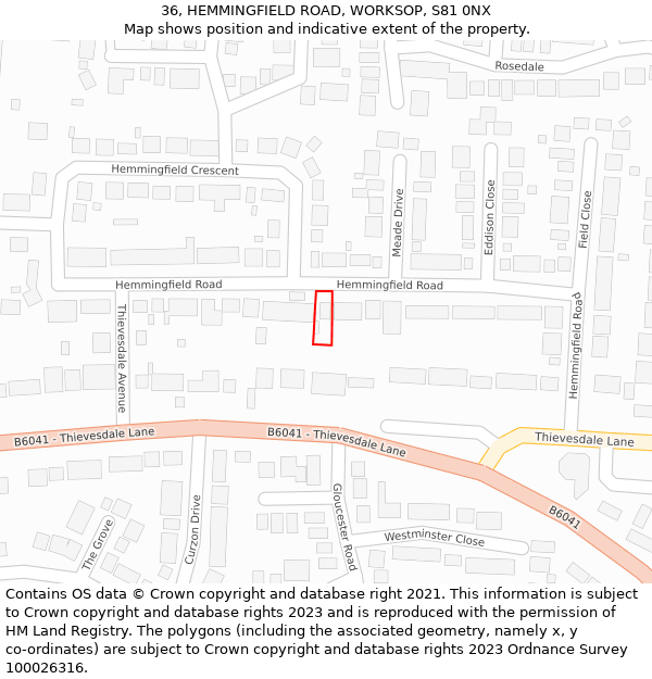36, HEMMINGFIELD ROAD, WORKSOP, S81 0NX: Location map and indicative extent of plot