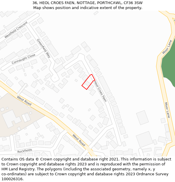 36, HEOL CROES FAEN, NOTTAGE, PORTHCAWL, CF36 3SW: Location map and indicative extent of plot