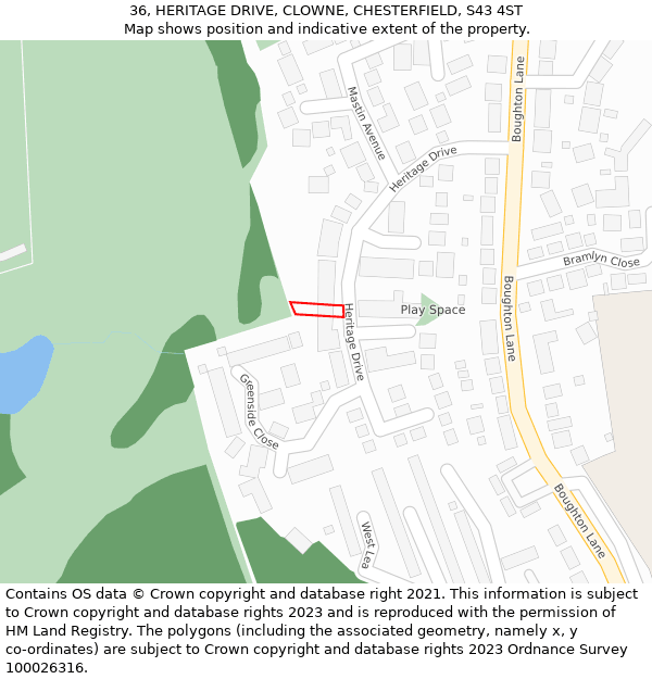 36, HERITAGE DRIVE, CLOWNE, CHESTERFIELD, S43 4ST: Location map and indicative extent of plot