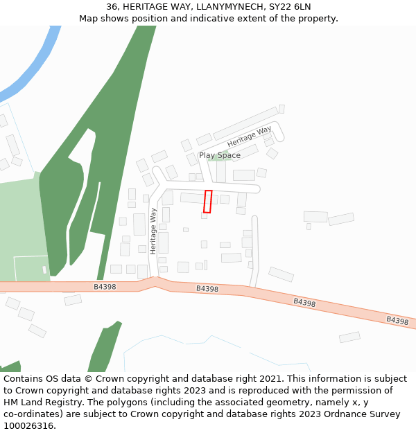 36, HERITAGE WAY, LLANYMYNECH, SY22 6LN: Location map and indicative extent of plot