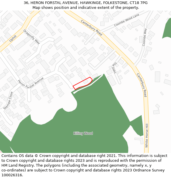 36, HERON FORSTAL AVENUE, HAWKINGE, FOLKESTONE, CT18 7PG: Location map and indicative extent of plot