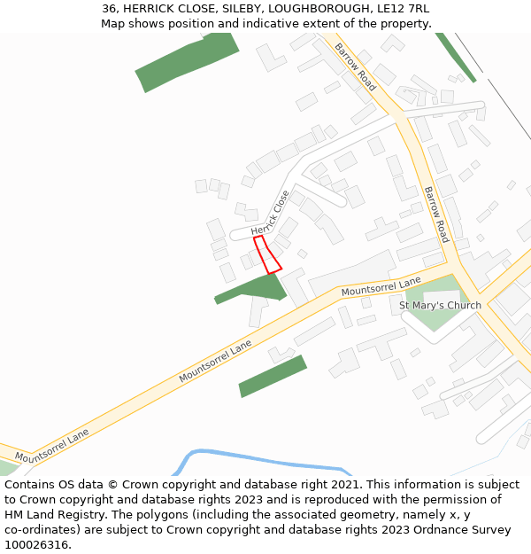 36, HERRICK CLOSE, SILEBY, LOUGHBOROUGH, LE12 7RL: Location map and indicative extent of plot