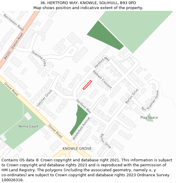 36, HERTFORD WAY, KNOWLE, SOLIHULL, B93 0PD: Location map and indicative extent of plot
