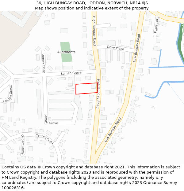 36, HIGH BUNGAY ROAD, LODDON, NORWICH, NR14 6JS: Location map and indicative extent of plot