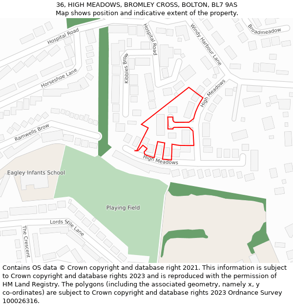 36, HIGH MEADOWS, BROMLEY CROSS, BOLTON, BL7 9AS: Location map and indicative extent of plot