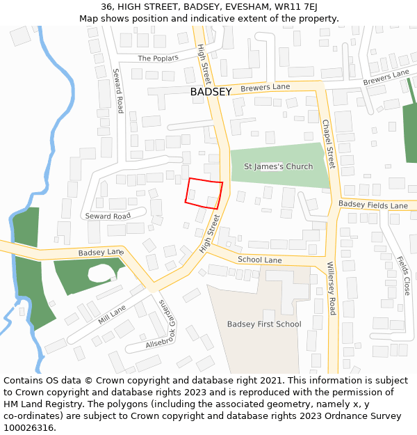 36, HIGH STREET, BADSEY, EVESHAM, WR11 7EJ: Location map and indicative extent of plot