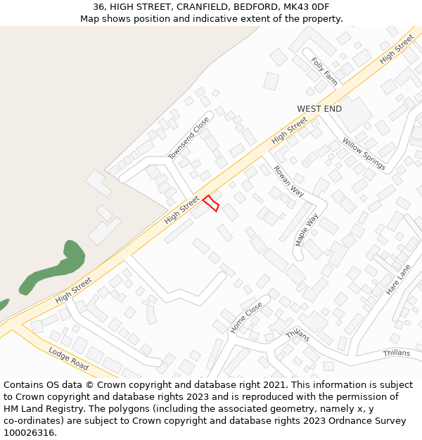 36, HIGH STREET, CRANFIELD, BEDFORD, MK43 0DF: Location map and indicative extent of plot