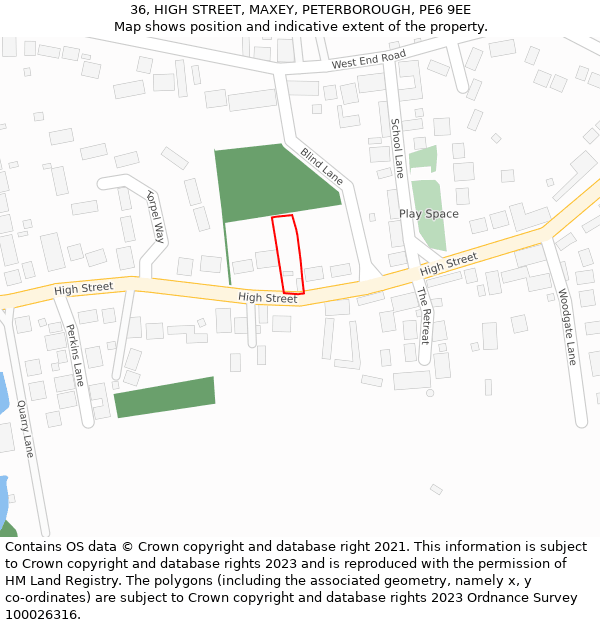 36, HIGH STREET, MAXEY, PETERBOROUGH, PE6 9EE: Location map and indicative extent of plot