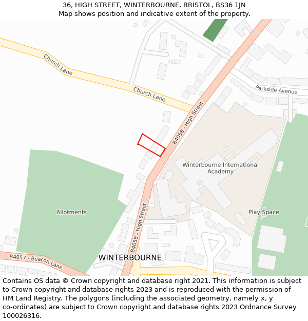 36, HIGH STREET, WINTERBOURNE, BRISTOL, BS36 1JN: Location map and indicative extent of plot