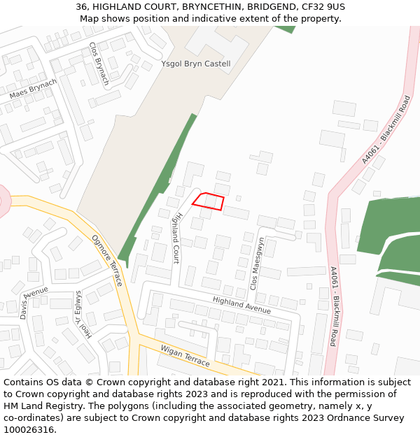 36, HIGHLAND COURT, BRYNCETHIN, BRIDGEND, CF32 9US: Location map and indicative extent of plot