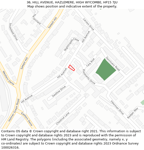 36, HILL AVENUE, HAZLEMERE, HIGH WYCOMBE, HP15 7JU: Location map and indicative extent of plot