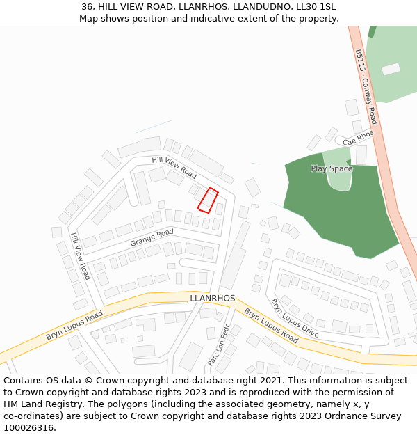 36, HILL VIEW ROAD, LLANRHOS, LLANDUDNO, LL30 1SL: Location map and indicative extent of plot