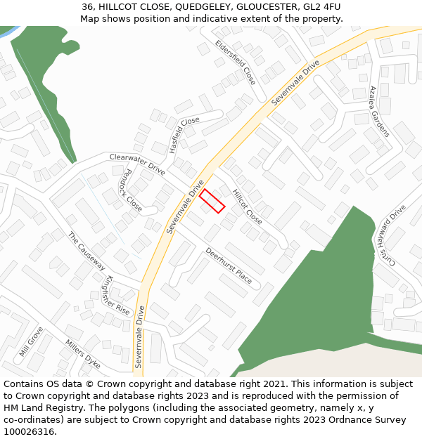 36, HILLCOT CLOSE, QUEDGELEY, GLOUCESTER, GL2 4FU: Location map and indicative extent of plot