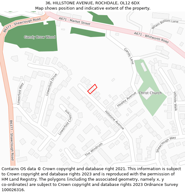 36, HILLSTONE AVENUE, ROCHDALE, OL12 6DX: Location map and indicative extent of plot