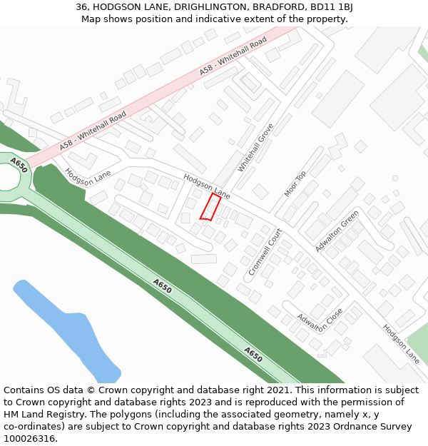 36, HODGSON LANE, DRIGHLINGTON, BRADFORD, BD11 1BJ: Location map and indicative extent of plot