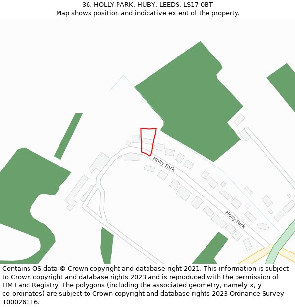 36, HOLLY PARK, HUBY, LEEDS, LS17 0BT: Location map and indicative extent of plot