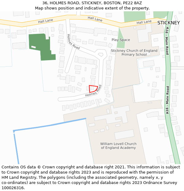 36, HOLMES ROAD, STICKNEY, BOSTON, PE22 8AZ: Location map and indicative extent of plot