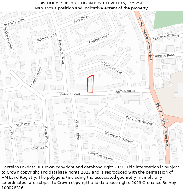 36, HOLMES ROAD, THORNTON-CLEVELEYS, FY5 2SH: Location map and indicative extent of plot