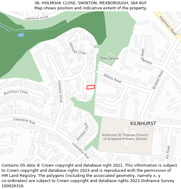 36, HOLMOAK CLOSE, SWINTON, MEXBOROUGH, S64 8UF: Location map and indicative extent of plot