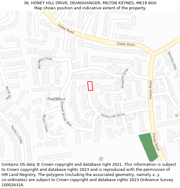 36, HONEY HILL DRIVE, DEANSHANGER, MILTON KEYNES, MK19 6GG: Location map and indicative extent of plot