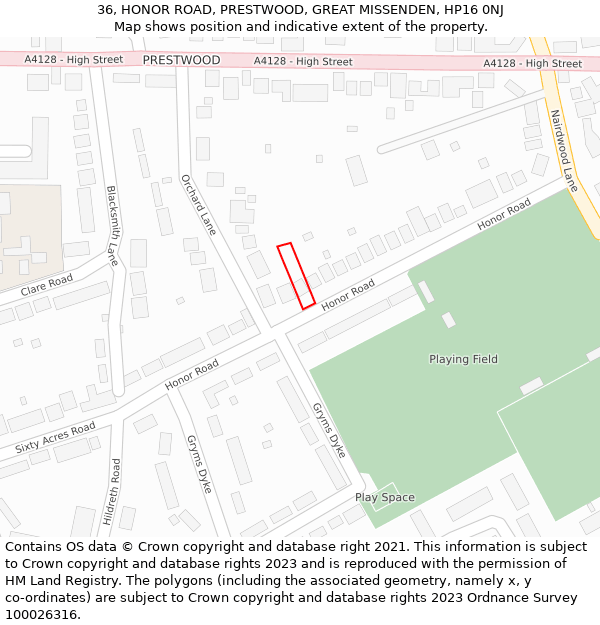 36, HONOR ROAD, PRESTWOOD, GREAT MISSENDEN, HP16 0NJ: Location map and indicative extent of plot