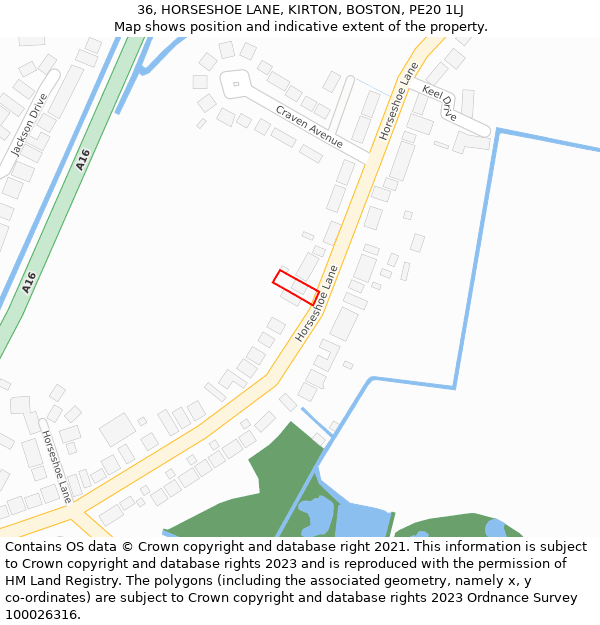 36, HORSESHOE LANE, KIRTON, BOSTON, PE20 1LJ: Location map and indicative extent of plot