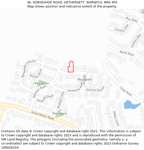 36, HORSESHOE ROAD, HETHERSETT, NORWICH, NR9 3PA: Location map and indicative extent of plot