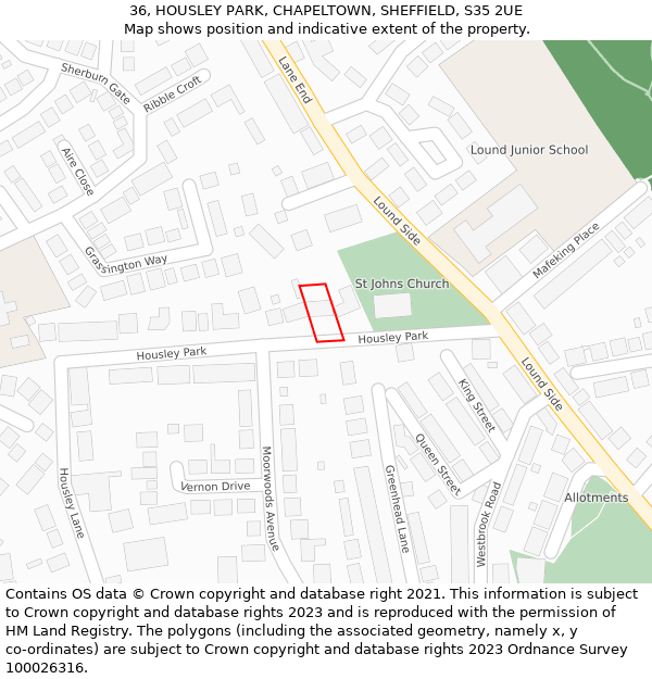 36, HOUSLEY PARK, CHAPELTOWN, SHEFFIELD, S35 2UE: Location map and indicative extent of plot