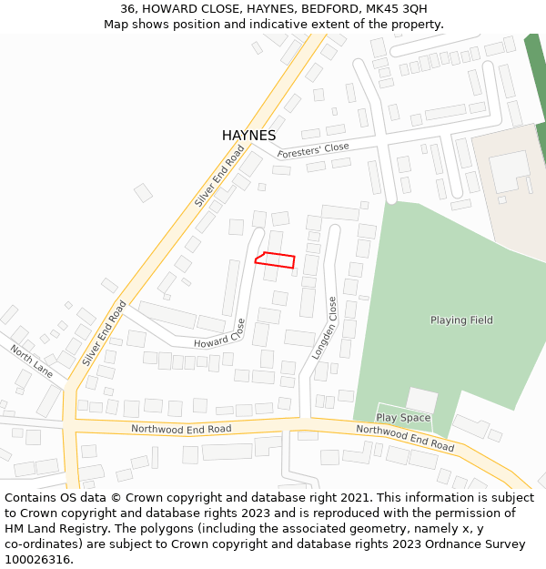 36, HOWARD CLOSE, HAYNES, BEDFORD, MK45 3QH: Location map and indicative extent of plot