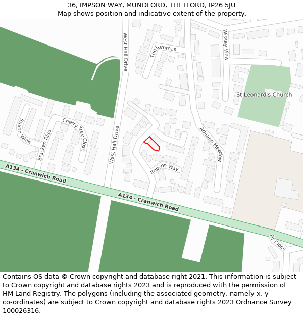 36, IMPSON WAY, MUNDFORD, THETFORD, IP26 5JU: Location map and indicative extent of plot