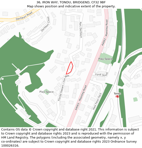 36, IRON WAY, TONDU, BRIDGEND, CF32 9BF: Location map and indicative extent of plot