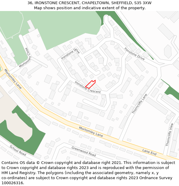 36, IRONSTONE CRESCENT, CHAPELTOWN, SHEFFIELD, S35 3XW: Location map and indicative extent of plot