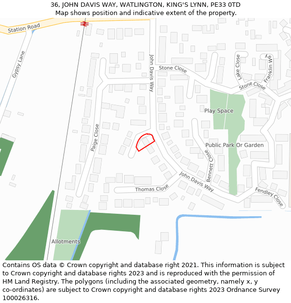 36, JOHN DAVIS WAY, WATLINGTON, KING'S LYNN, PE33 0TD: Location map and indicative extent of plot