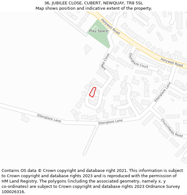 36, JUBILEE CLOSE, CUBERT, NEWQUAY, TR8 5SL: Location map and indicative extent of plot