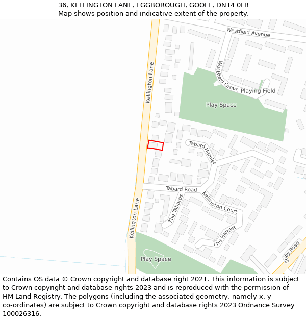 36, KELLINGTON LANE, EGGBOROUGH, GOOLE, DN14 0LB: Location map and indicative extent of plot