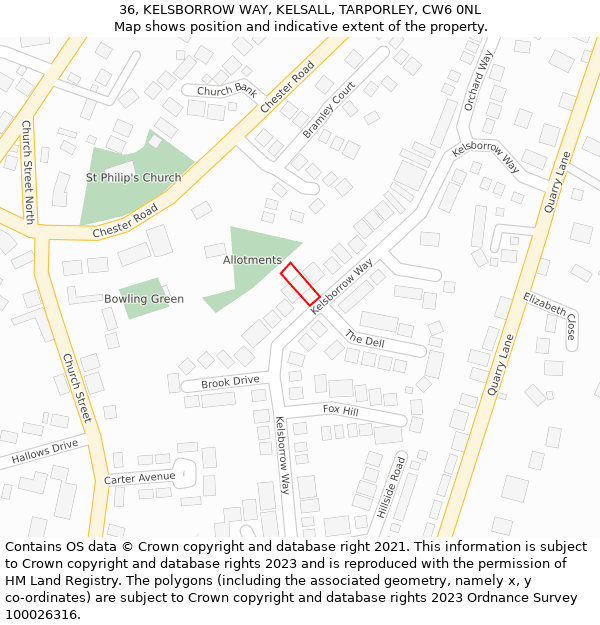 36, KELSBORROW WAY, KELSALL, TARPORLEY, CW6 0NL: Location map and indicative extent of plot