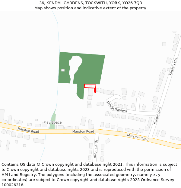 36, KENDAL GARDENS, TOCKWITH, YORK, YO26 7QR: Location map and indicative extent of plot