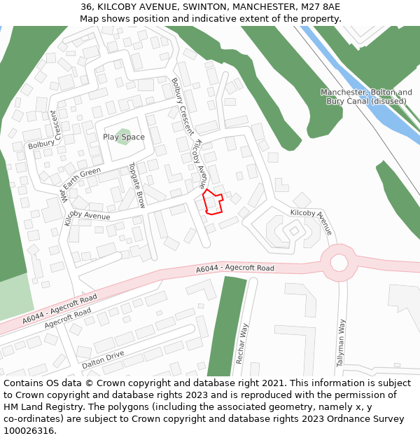 36, KILCOBY AVENUE, SWINTON, MANCHESTER, M27 8AE: Location map and indicative extent of plot