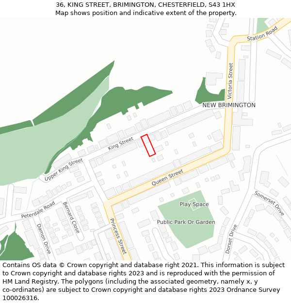 36, KING STREET, BRIMINGTON, CHESTERFIELD, S43 1HX: Location map and indicative extent of plot