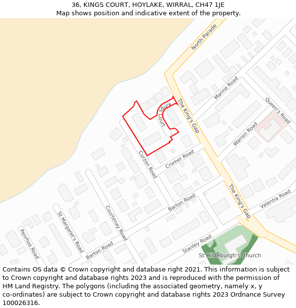 36, KINGS COURT, HOYLAKE, WIRRAL, CH47 1JE: Location map and indicative extent of plot