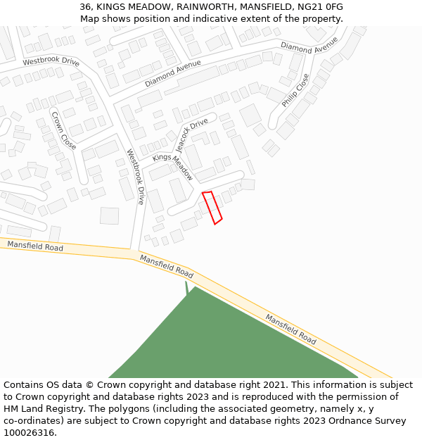 36, KINGS MEADOW, RAINWORTH, MANSFIELD, NG21 0FG: Location map and indicative extent of plot