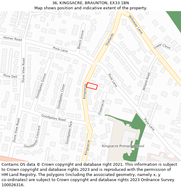 36, KINGSACRE, BRAUNTON, EX33 1BN: Location map and indicative extent of plot