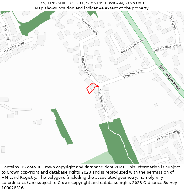 36, KINGSHILL COURT, STANDISH, WIGAN, WN6 0AR: Location map and indicative extent of plot