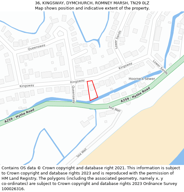 36, KINGSWAY, DYMCHURCH, ROMNEY MARSH, TN29 0LZ: Location map and indicative extent of plot