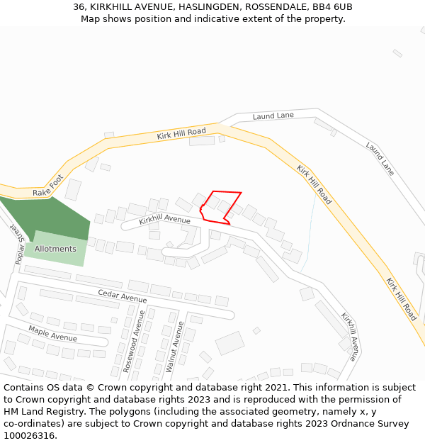 36, KIRKHILL AVENUE, HASLINGDEN, ROSSENDALE, BB4 6UB: Location map and indicative extent of plot