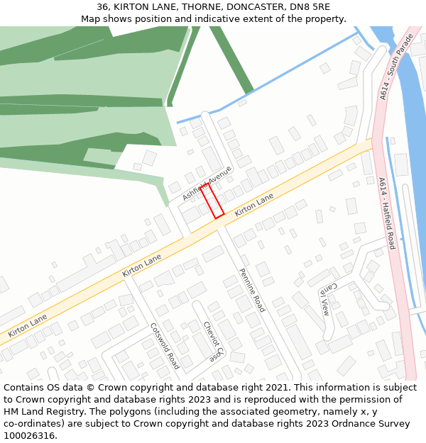 36, KIRTON LANE, THORNE, DONCASTER, DN8 5RE: Location map and indicative extent of plot