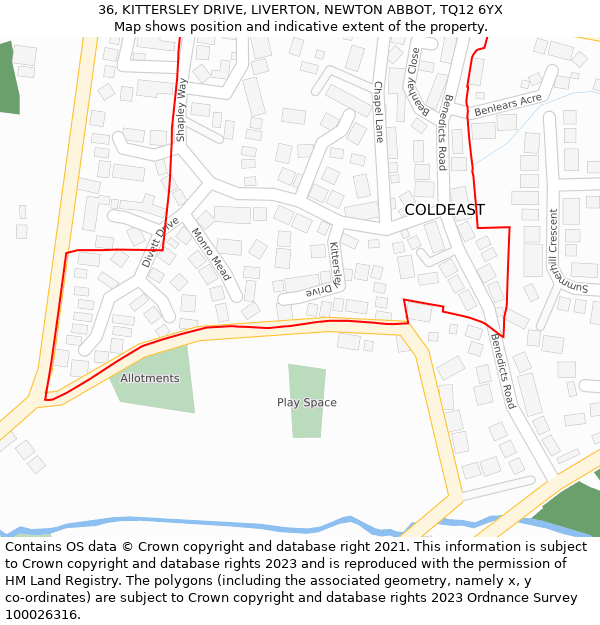 36, KITTERSLEY DRIVE, LIVERTON, NEWTON ABBOT, TQ12 6YX: Location map and indicative extent of plot