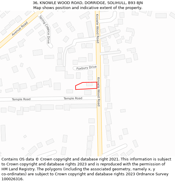 36, KNOWLE WOOD ROAD, DORRIDGE, SOLIHULL, B93 8JN: Location map and indicative extent of plot