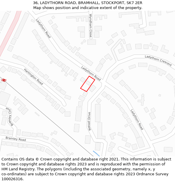 36, LADYTHORN ROAD, BRAMHALL, STOCKPORT, SK7 2ER: Location map and indicative extent of plot